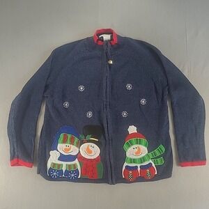 Tiara International Christmas Zip Cardigan‎ Blue Christmas Sweater Holiday Large